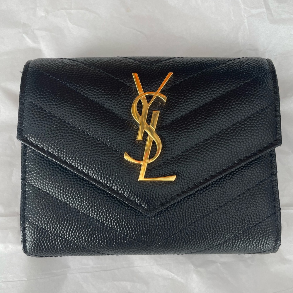 Saint Laurent Grain de Poudre Black Grained Leather Tri Fold Wallet NEW W/O TAGS - Picture 2 of 10